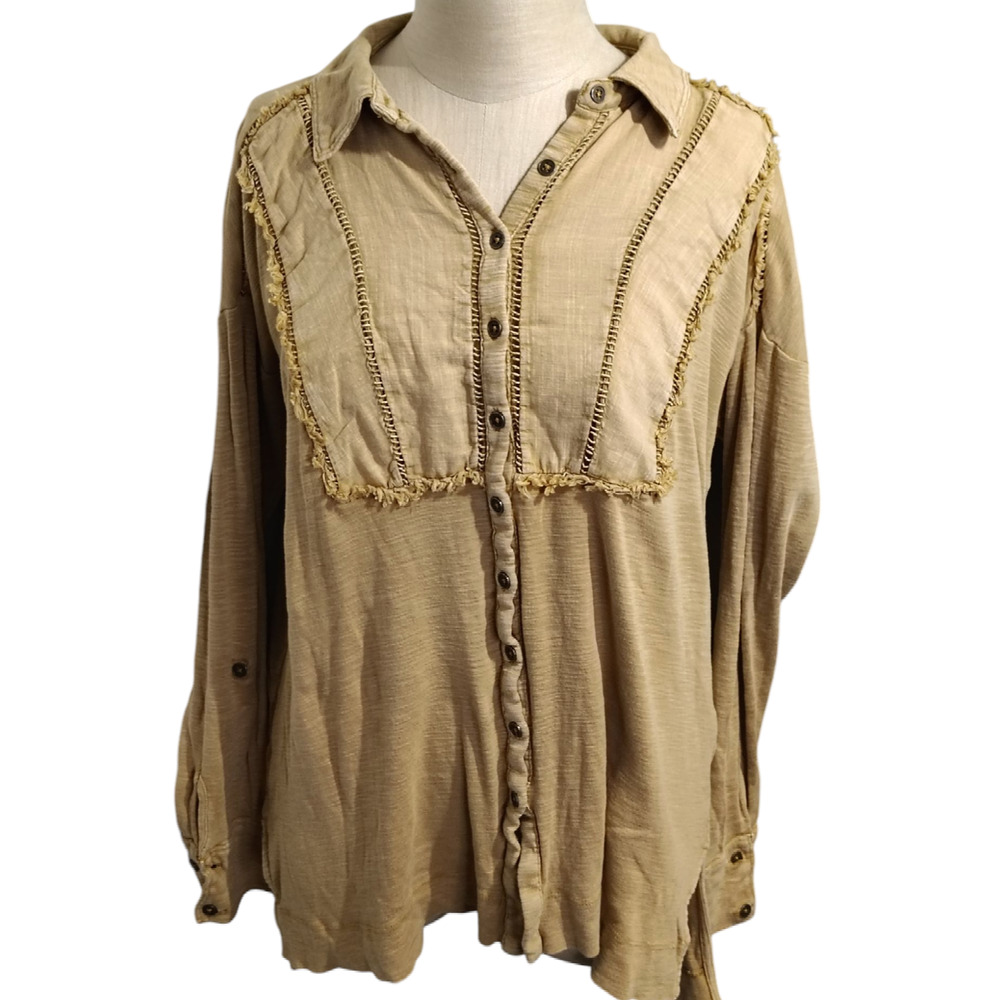 Anthropologie Pilcro Frayed Trim Boho Western Button Front Blouse Small Beige - Picture 2 of 5